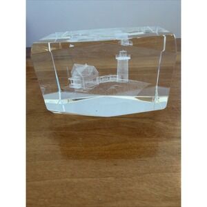 Laser Etched Crystal Cube Paperweight With Lighthouse & House Design 3" x 2"